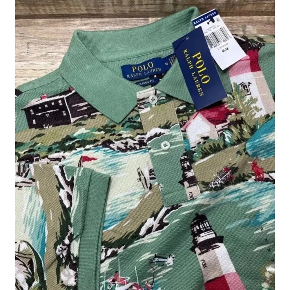 NWT Polo Ralph Lauren Mens Green Lighthouse Ship AOP Print Polo Shirt Sz Medium